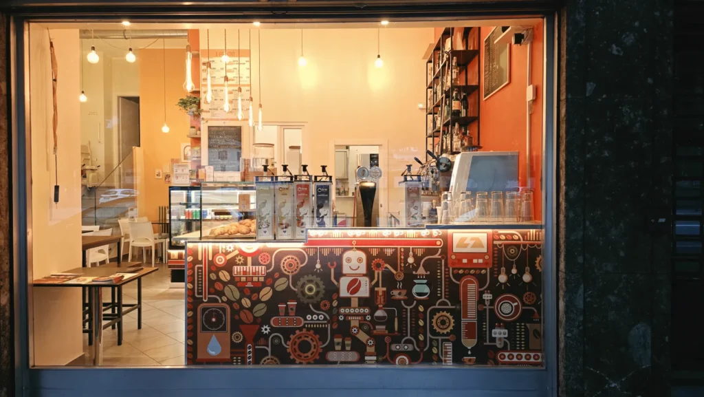 Bancone di Astro Cafè con il murale illustrato e la parete arancione